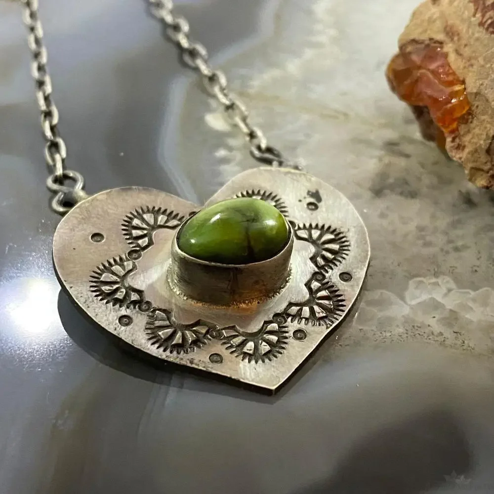 Marie Tsosie Sterling Silver Oval Sonora Gold Turquoise Stamped Heart Necklace - Picture 3 of 10
